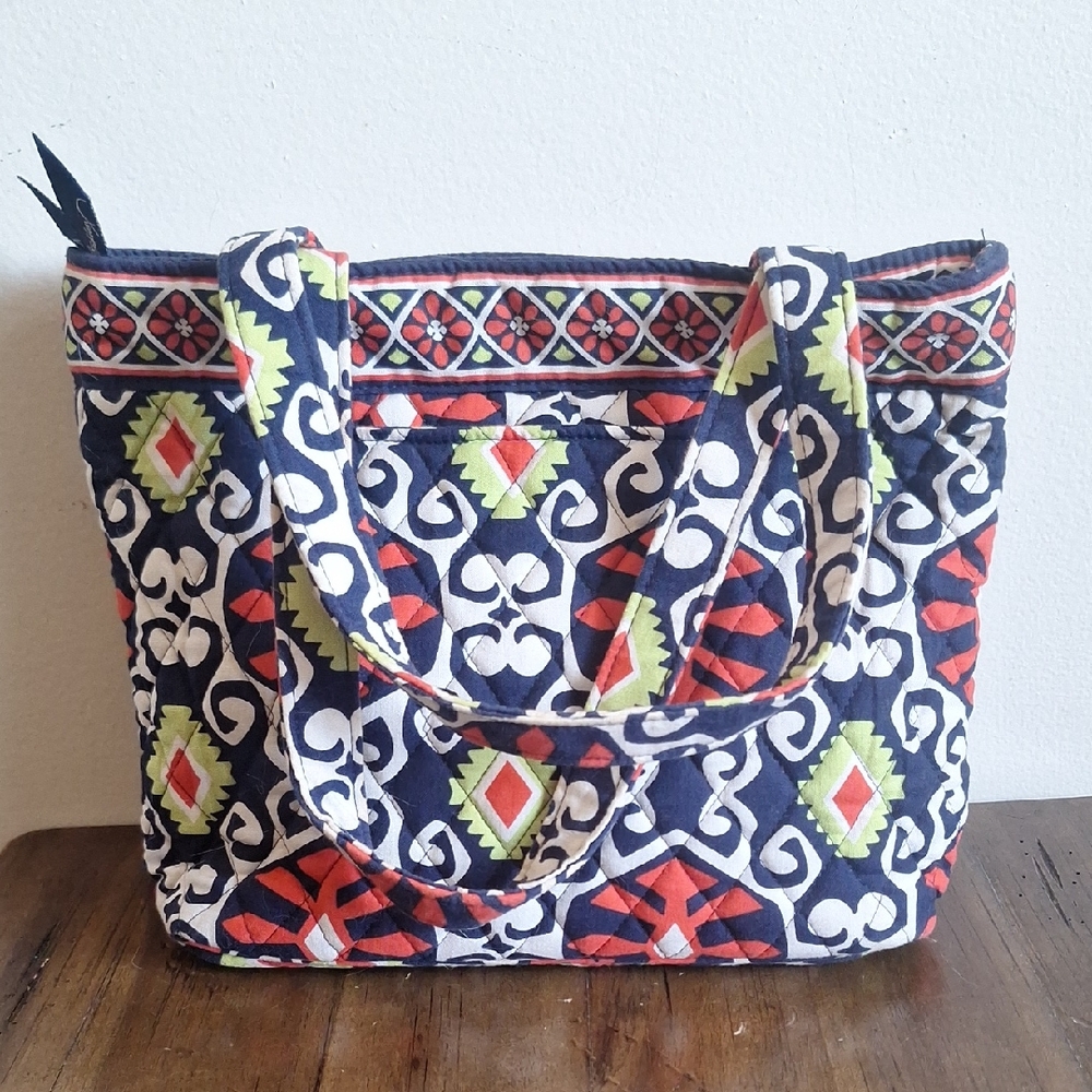 Vera Bradley Fanfare Small Vera Tote Navy Red Green Geometric Quilted Bag